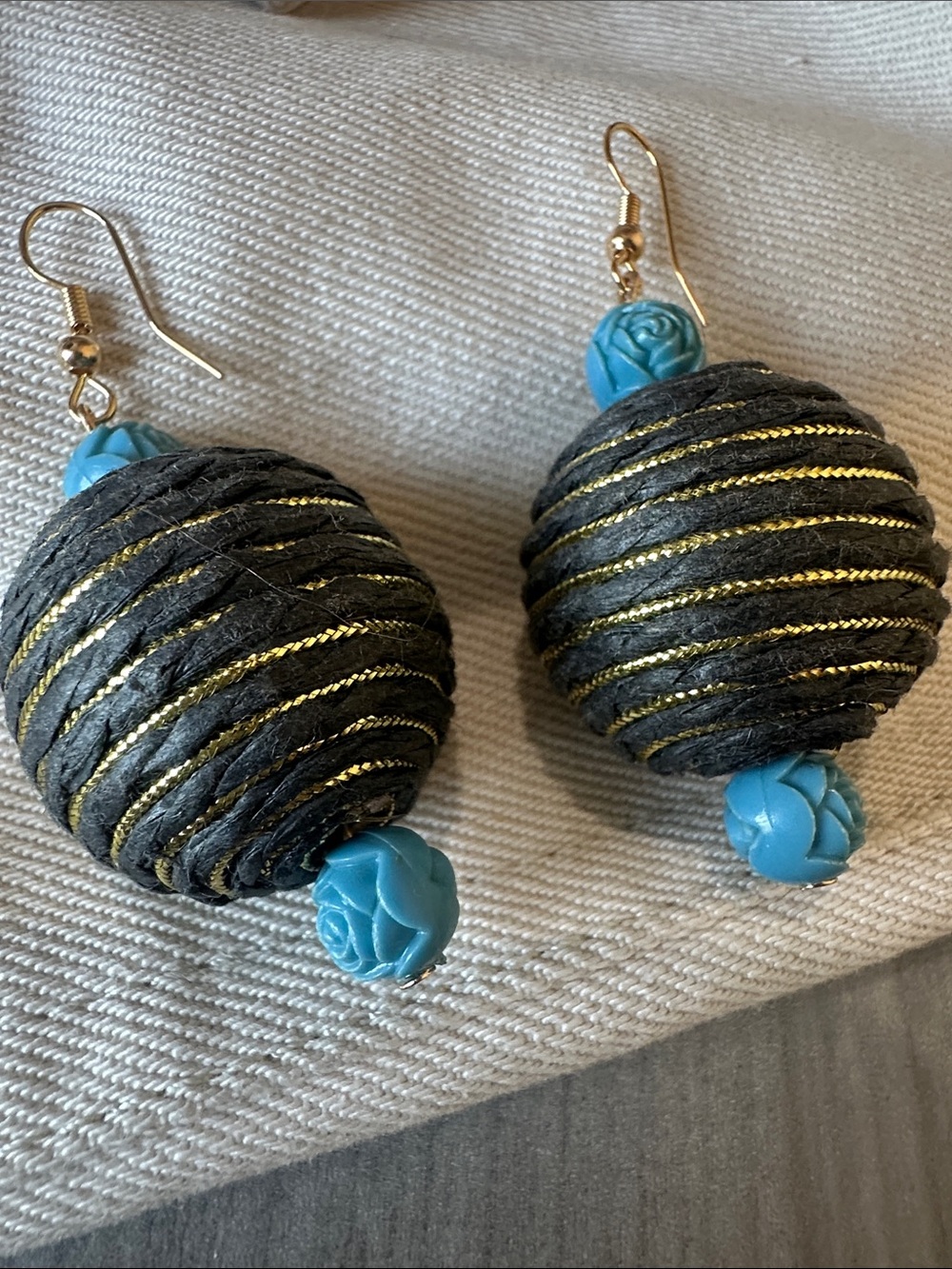 Handcrafted Maximalist Beach Style Black & Blue Beaded Drop Earrings